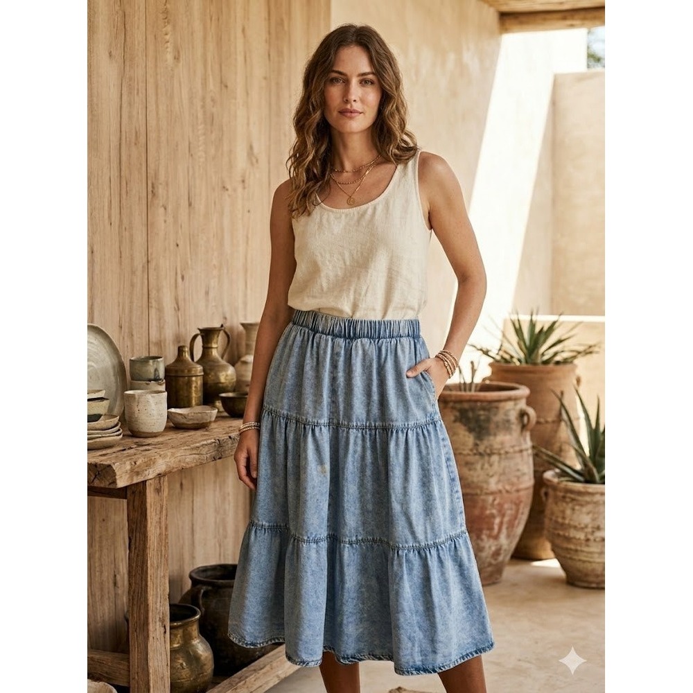 Vintage Style Western Tiered Denim Midi Skirt Acid Wash Elastic High Waist OXL